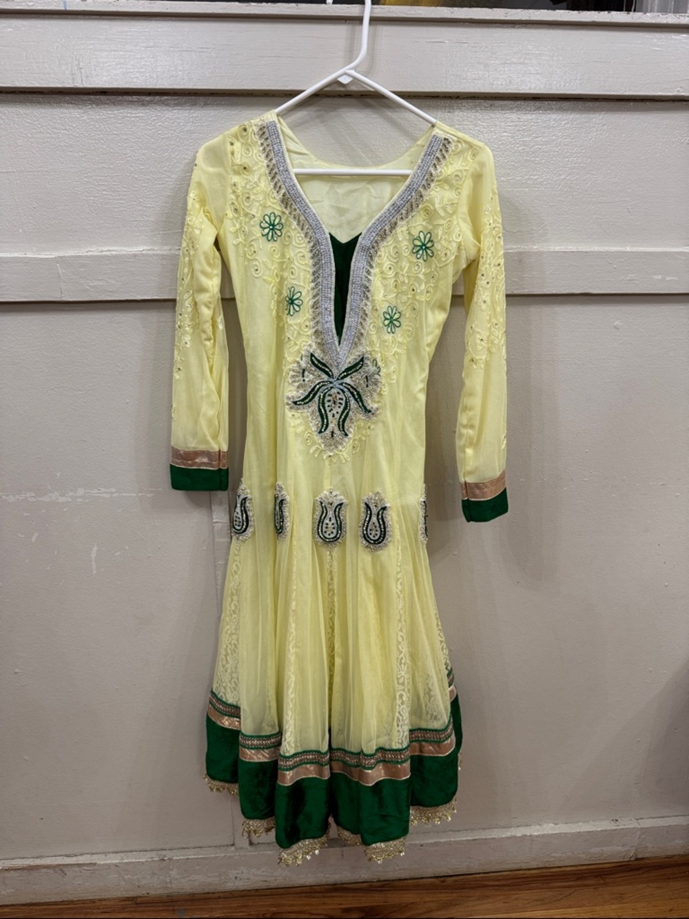 Girls Yellow & Green Embroidered Party Dress